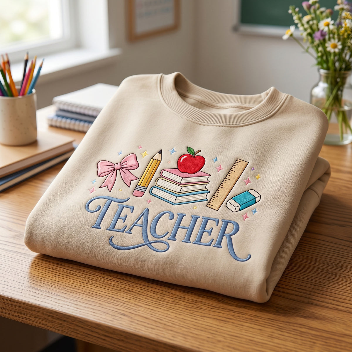 Personalized Teacher Coquette Bow School Supplies embroidered sweatshirt — front view