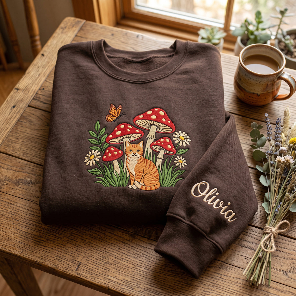 Personalized Cottagecore Cat Mushroom embroidered sweatshirt — front view
