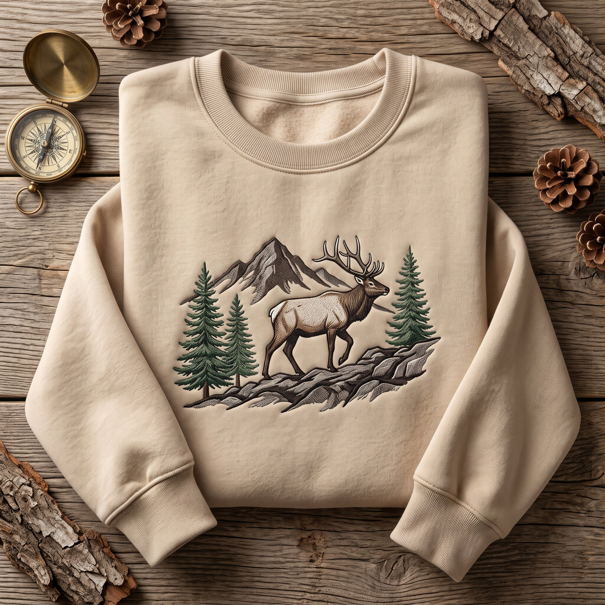 Elk Mountain Forest Scene embroidered sweatshirt — front view