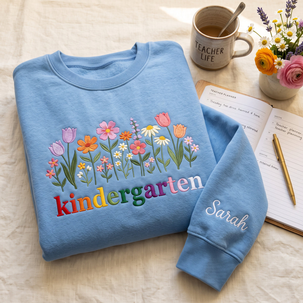 Personalized Kindergarten Wildflower embroidered sweatshirt — front view