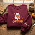 Personalized Ghost Autumn Leaves Pumpkin embroidered sweatshirt — front view