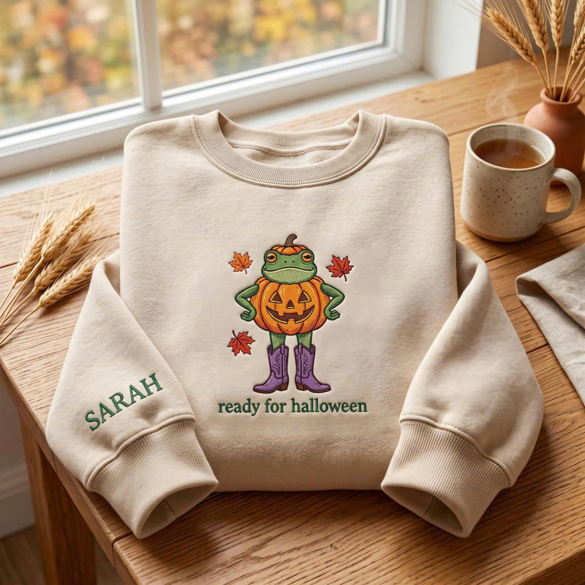 Personalized Ready for Halloween Frog Pumpkin embroidered sweatshirt — front view