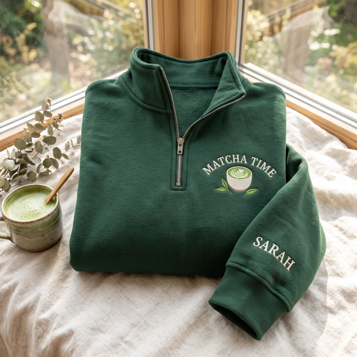 Personalized Matcha Time Latte Leaves embroidered sweatshirt — front view