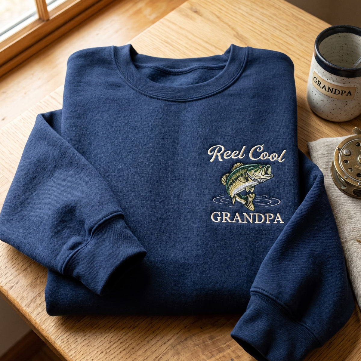 Reel Cool Grandpa Bass Fish embroidered sweatshirt — front view
