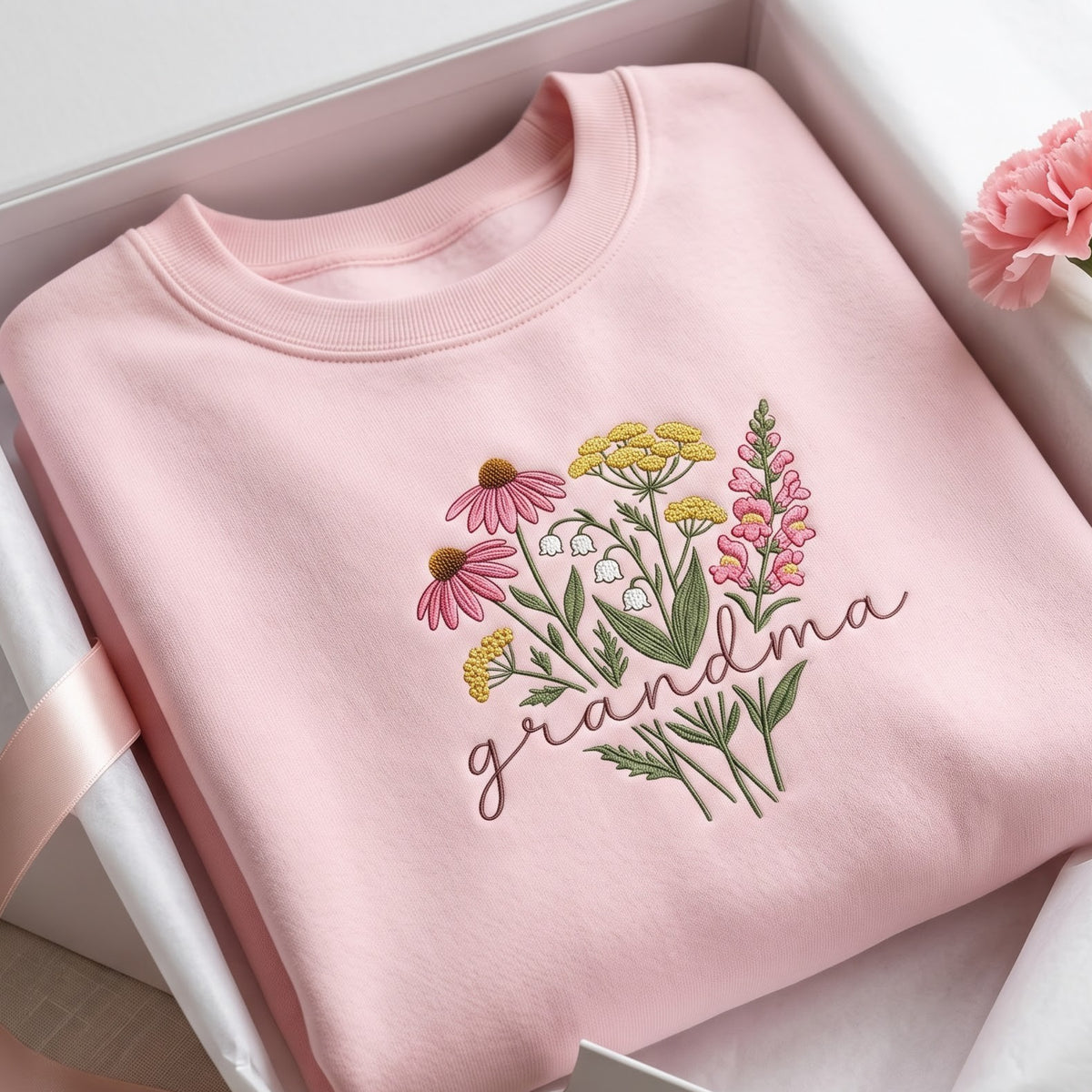 Grandma Wildflower Bouquet Script embroidered sweatshirt — front view