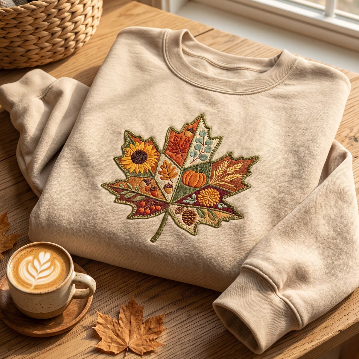 Autumn Maple Leaf Patchwork Harvest embroidered sweatshirt — front view