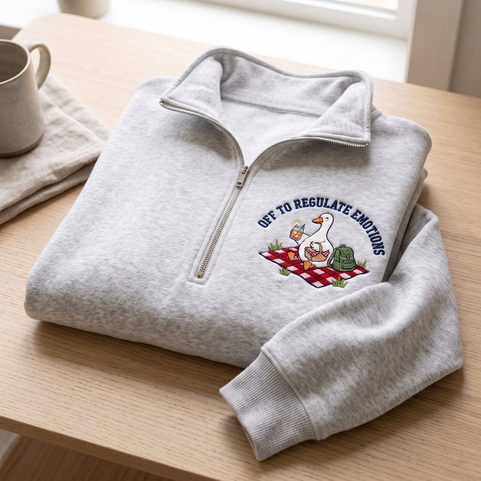 Off to Regulate Emotions Picnic Goose Embroidered Quarter-Zip