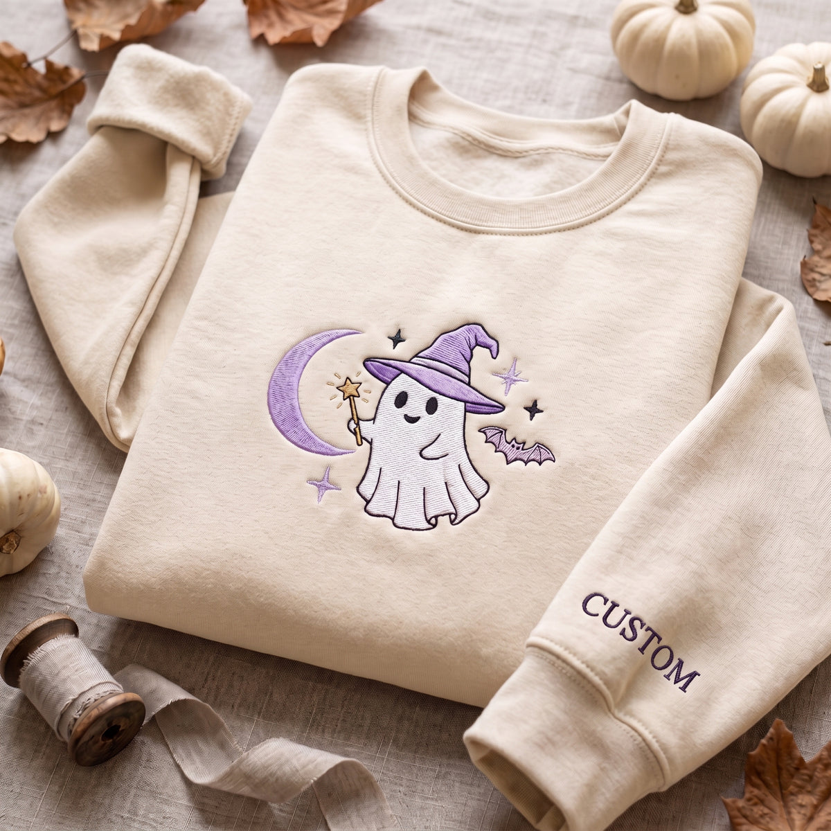 Personalized Witch Ghost Moon Wand embroidered sweatshirt — front view