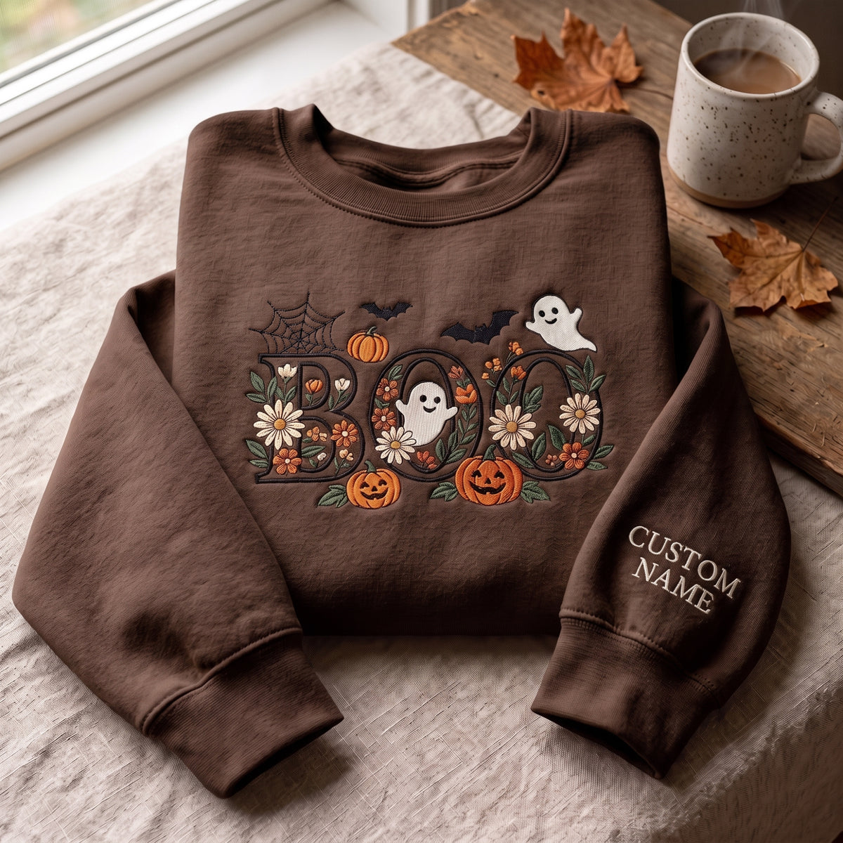Personalized Boo Floral Ghost Pumpkin embroidered sweatshirt — front view