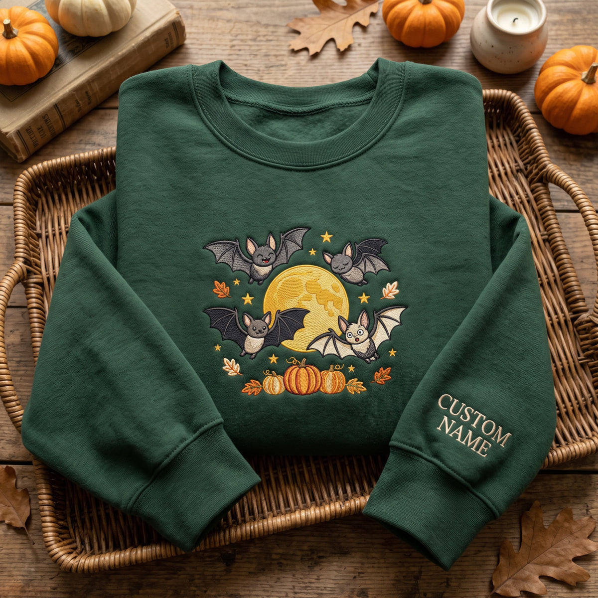 Personalized Bats Full Moon Pumpkins embroidered sweatshirt — front view