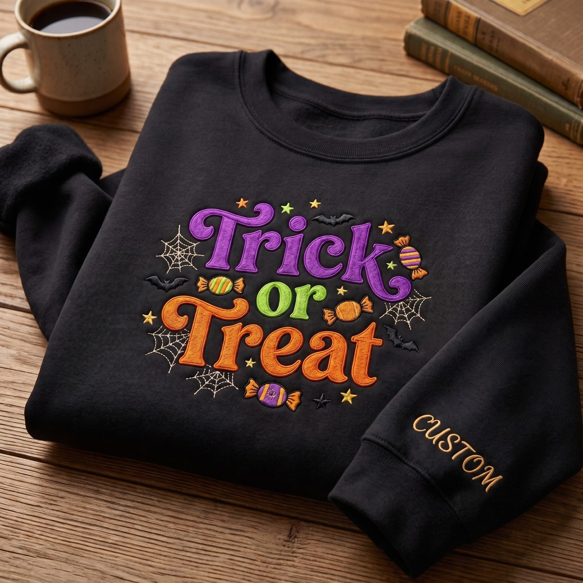 Personalized Trick or Treat Candy Spider Webs embroidered sweatshirt — front view