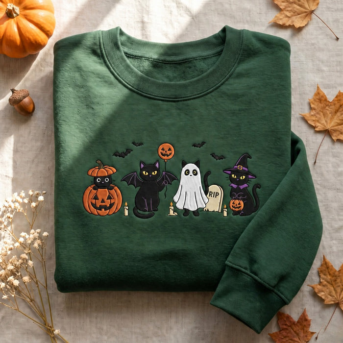 Personalized Halloween Black Cats Pumpkin Ghost Embroidered Sweatshirt