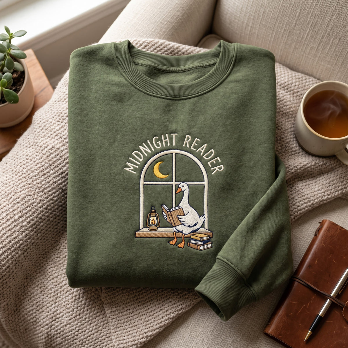 Midnight Reader Goose Window Moon embroidered sweatshirt — front view