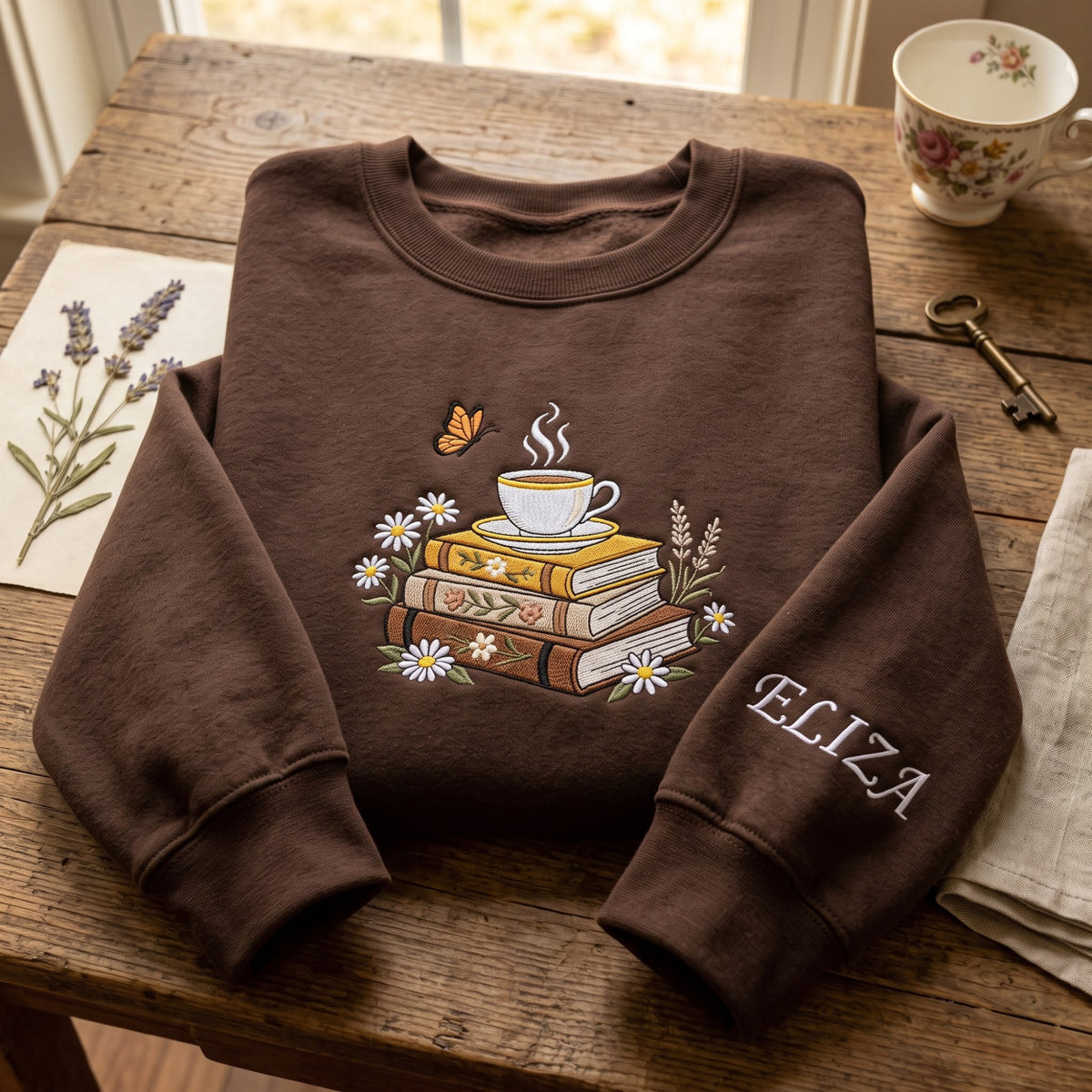 Personalized Books Coffee Wildflowers Butterfly embroidered sweatshirt — front view