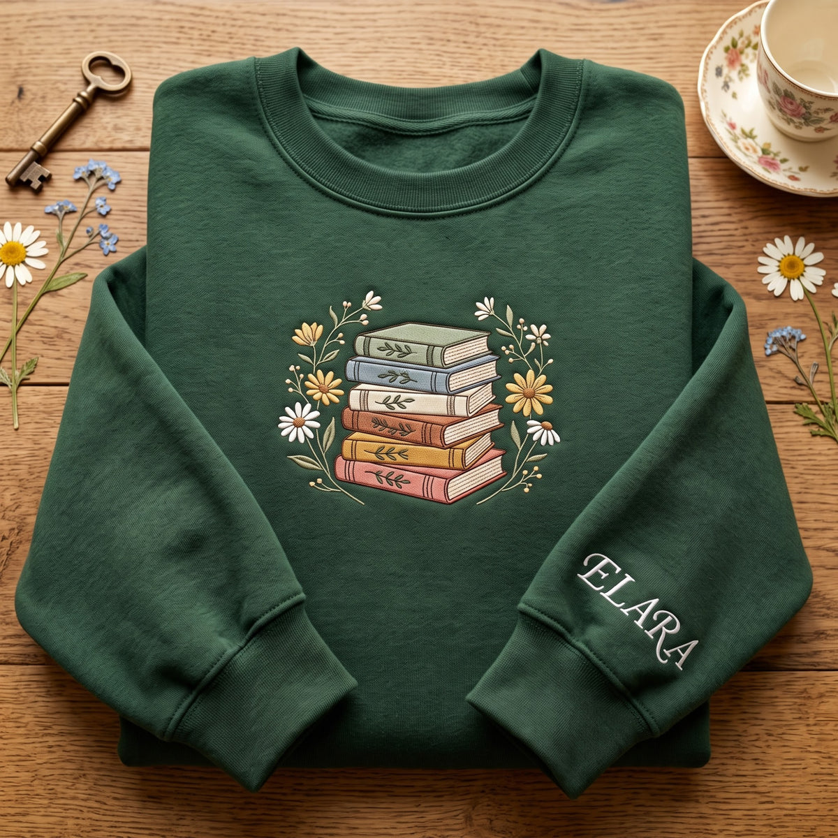 Personalized Stacked Books Wildflowers embroidered sweatshirt — front view