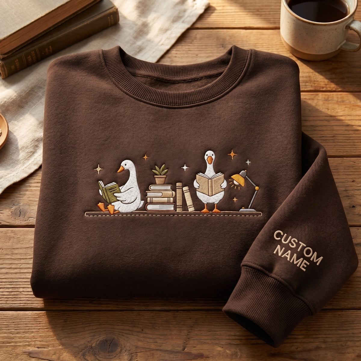 Personalized Geese Reading Bookshelf Lamp embroidered sweatshirt — front view