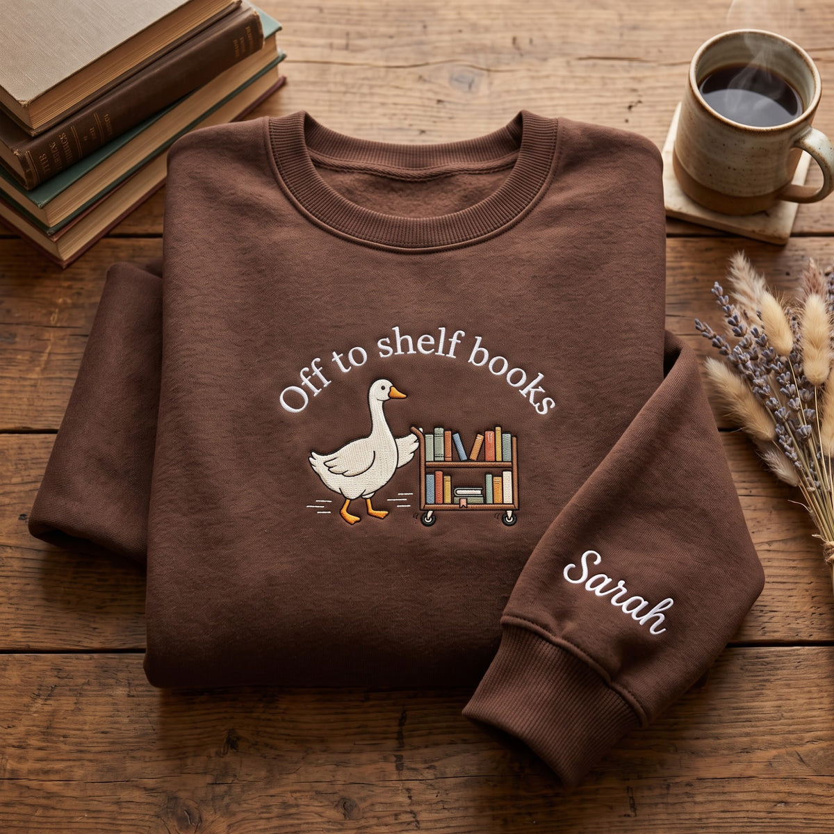 Personalized Off to Shelf Books Goose embroidered sweatshirt — front view