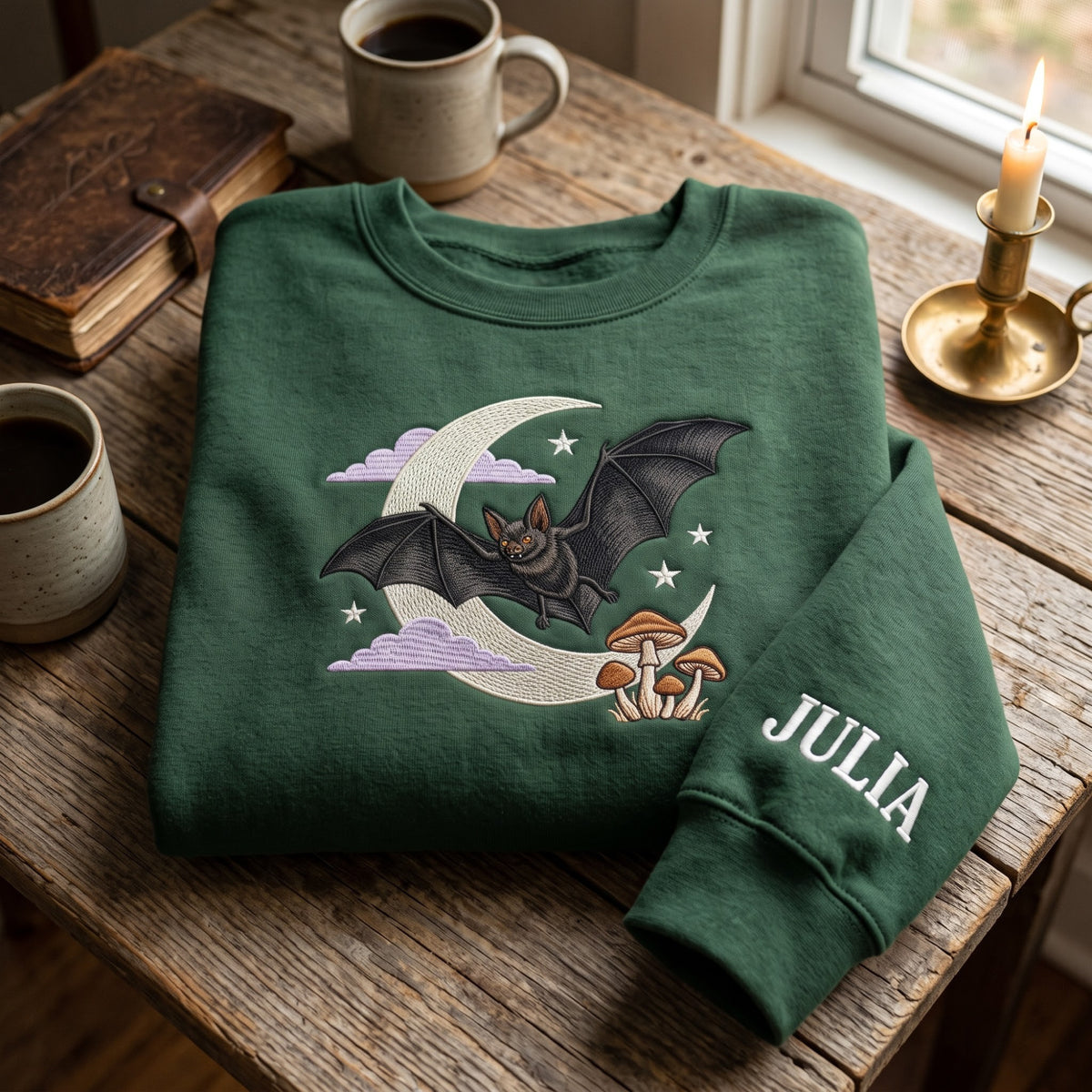 Personalized Bat Crescent Moon Mushrooms embroidered sweatshirt — front view