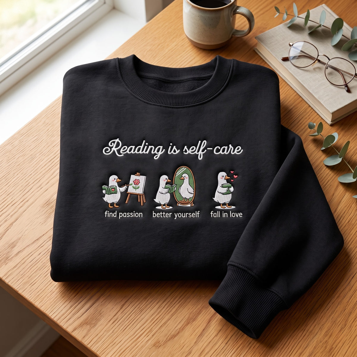 Personalized Reading Is Self Care Geese embroidered sweatshirt — front view