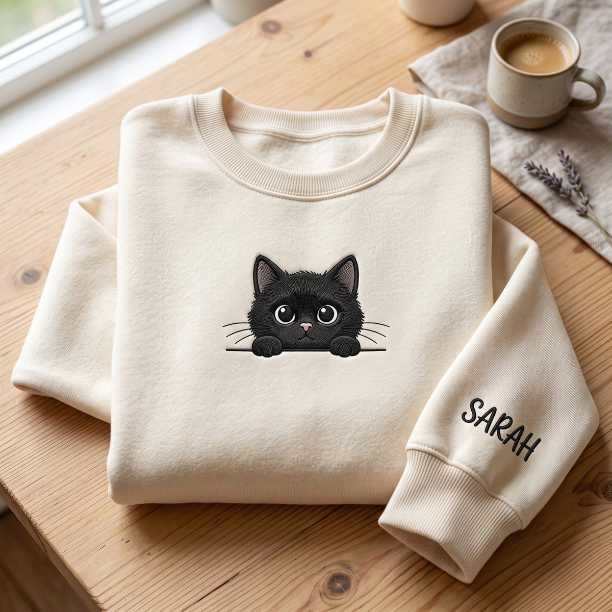 Personalized Peeking Black Cat embroidered sweatshirt in Black — front view