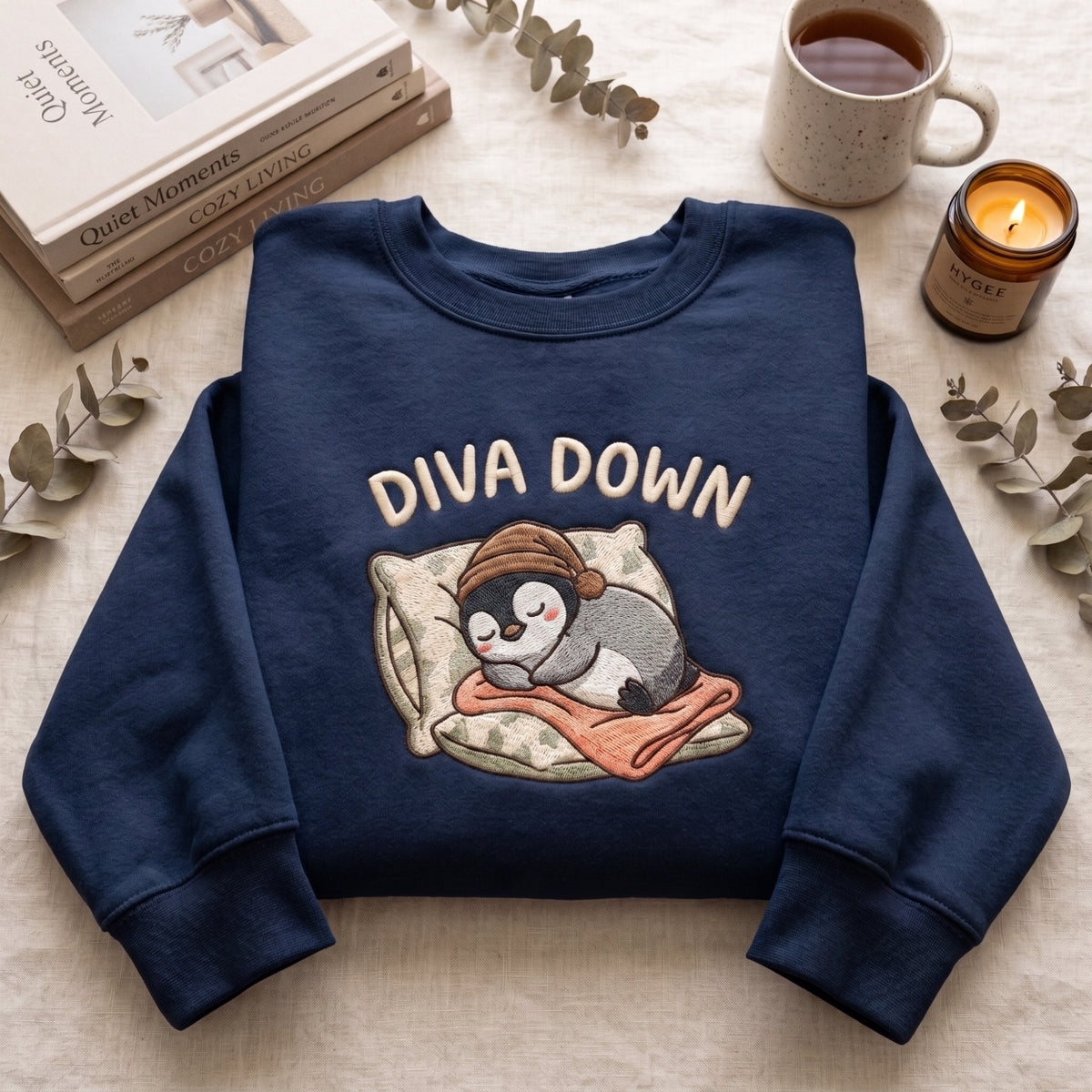 Personalized Diva Down Sleeping Penguin embroidered sweatshirt — front view