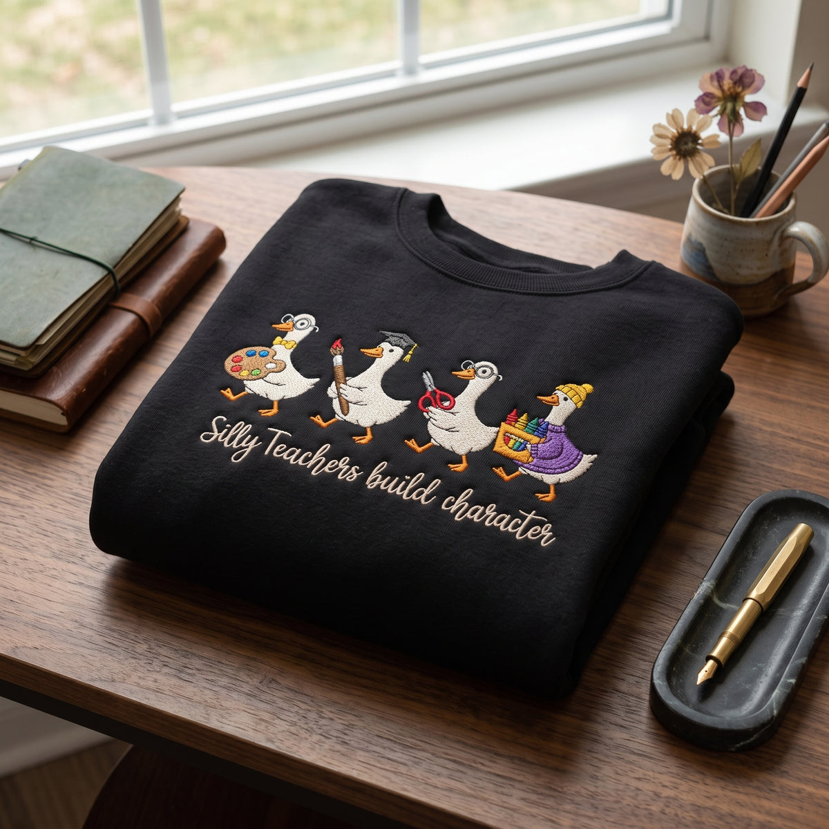 Silly Teachers Build Character Teaching Ducks embroidered sweatshirt — front view