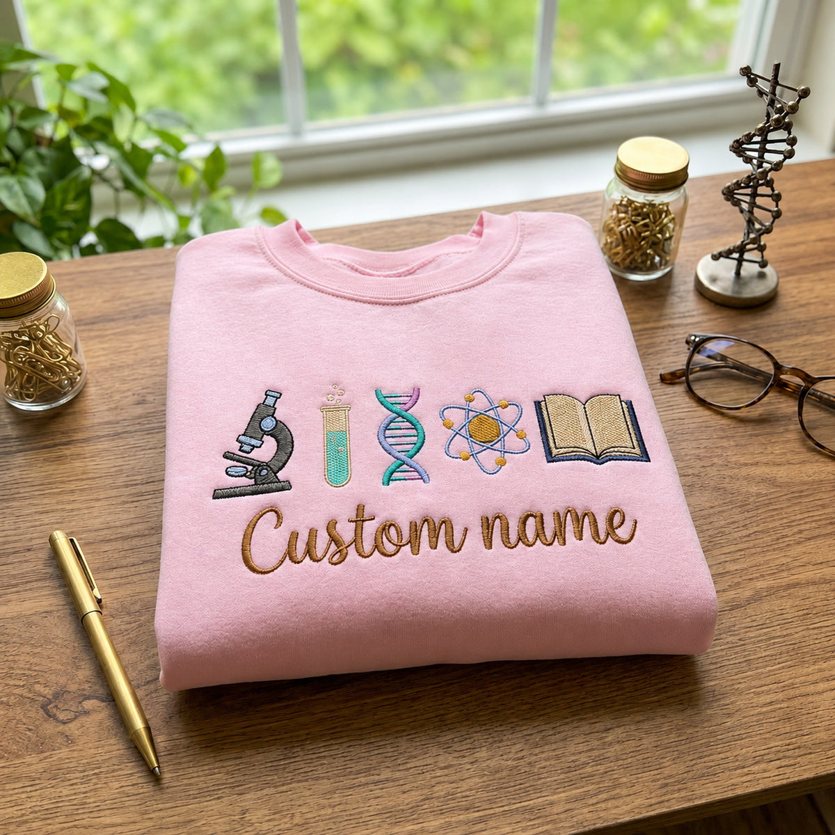 Personalized Science Teacher Name Microscope Dna Atom embroidered sweatshirt — front view