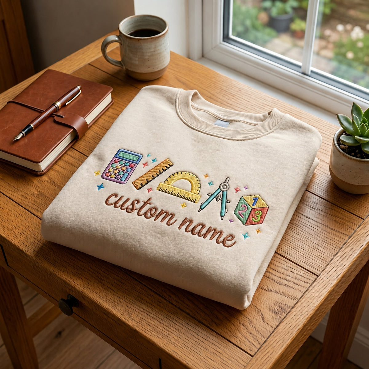 Personalized Math Teacher Name Calculator Protractor Compass embroidered sweatshirt — front view