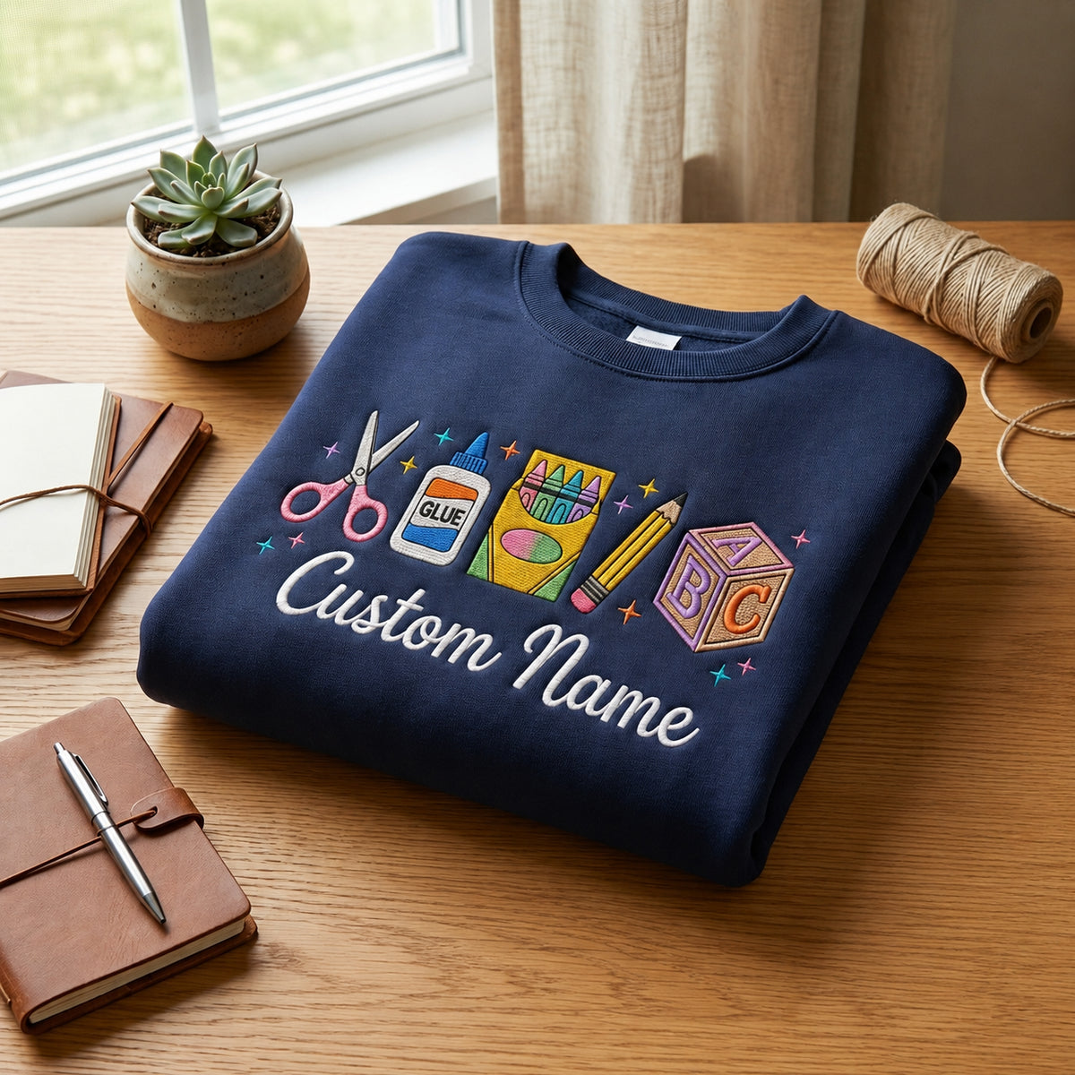 Personalized Preschool Pre-K Teacher Name Crayon Glue Abc Block embroidered sweatshirt — front view