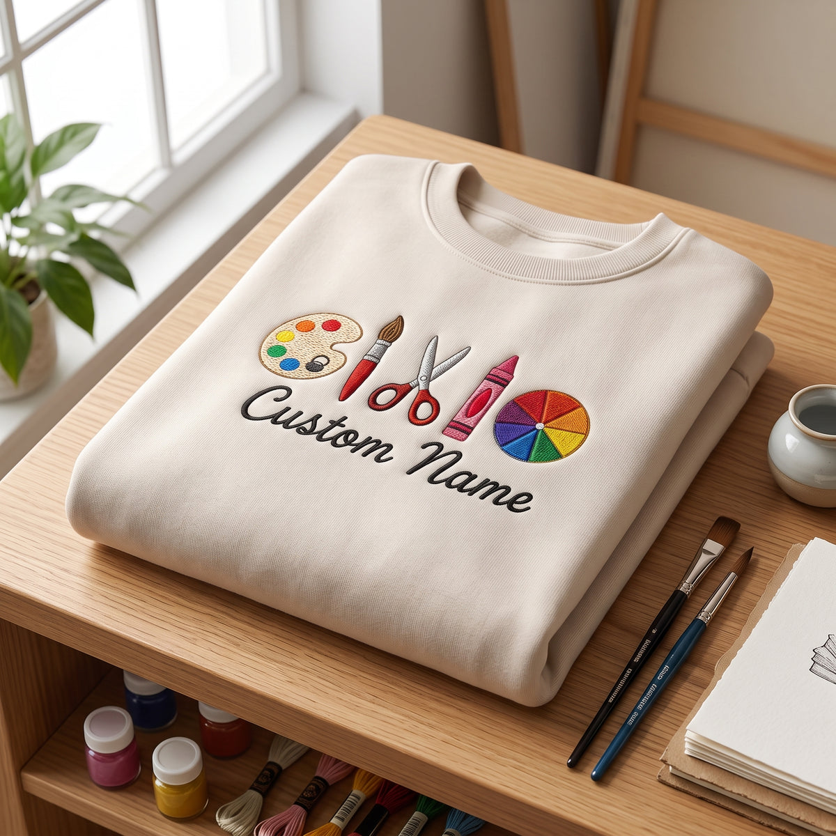 Personalized Art Teacher Name Palette Brush Color Wheel embroidered sweatshirt — front view