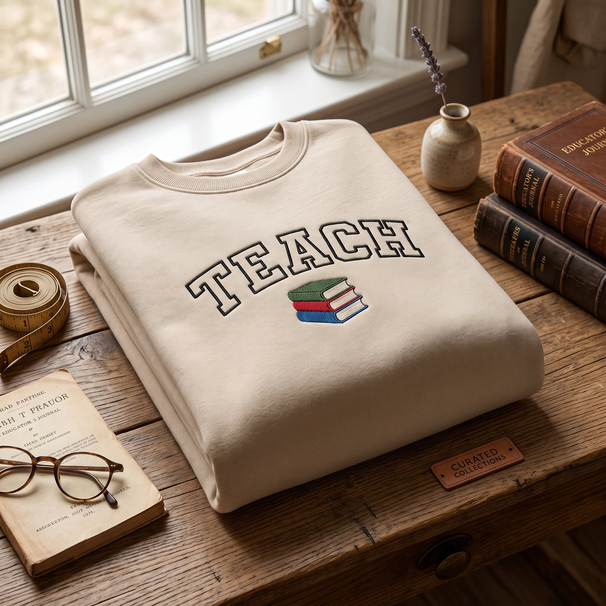 Teach Collegiate Book Stack Minimalist embroidered sweatshirt — front view