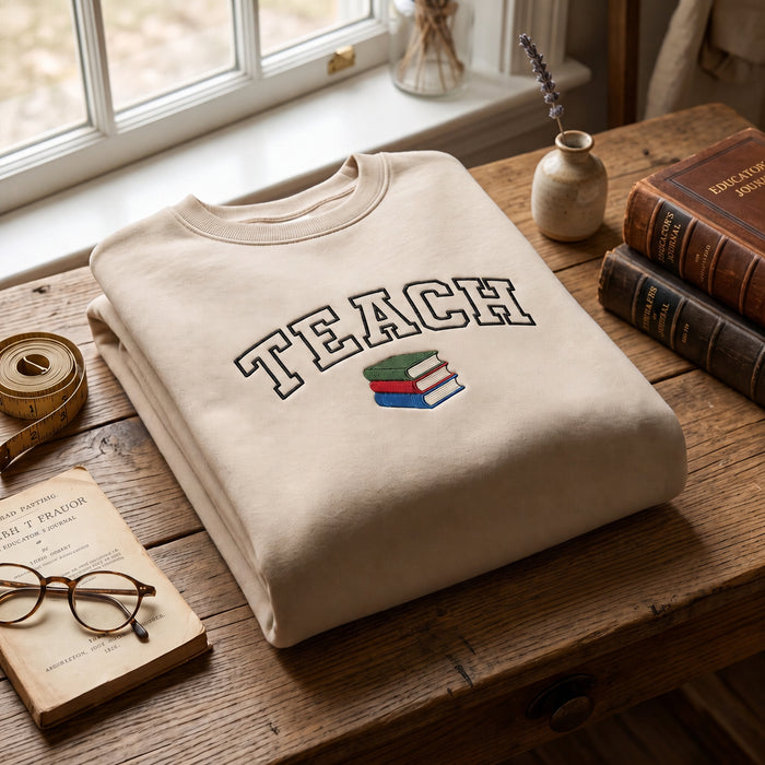 Teach Collegiate Book Stack Minimalist Embroidered Sweatshirt