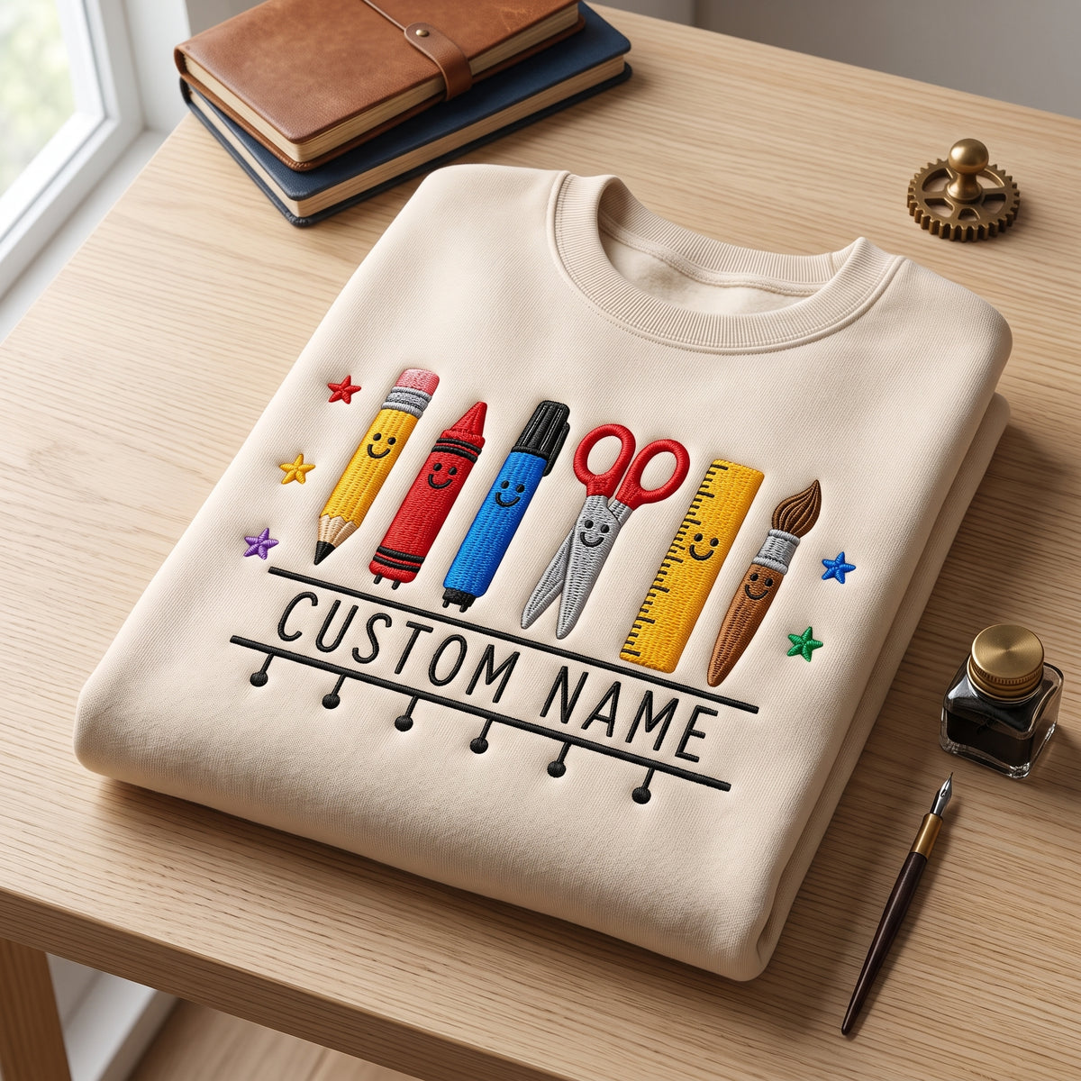 Personalized Name School Supply Friends Characters embroidered sweatshirt — front view