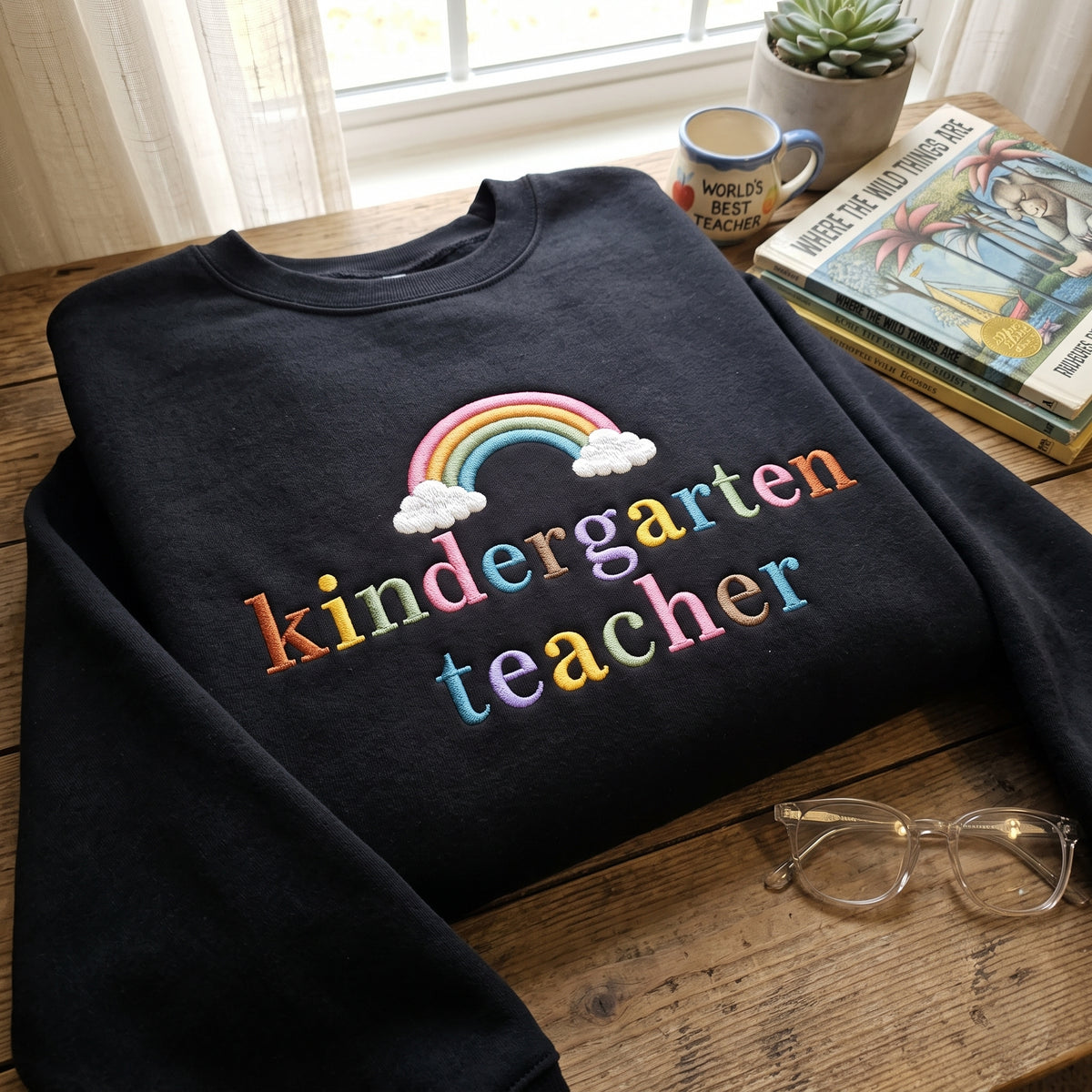 Kindergarten Teacher Pastel Rainbow Clouds embroidered sweatshirt — front view