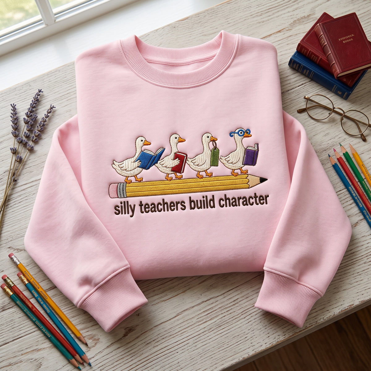 Silly Teachers Build Character Ducks on Pencil embroidered sweatshirt — front view