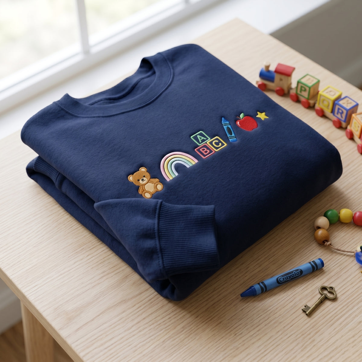 Preschool Teacher Teddy Rainbow Abc Block Crayon embroidered sweatshirt — front view