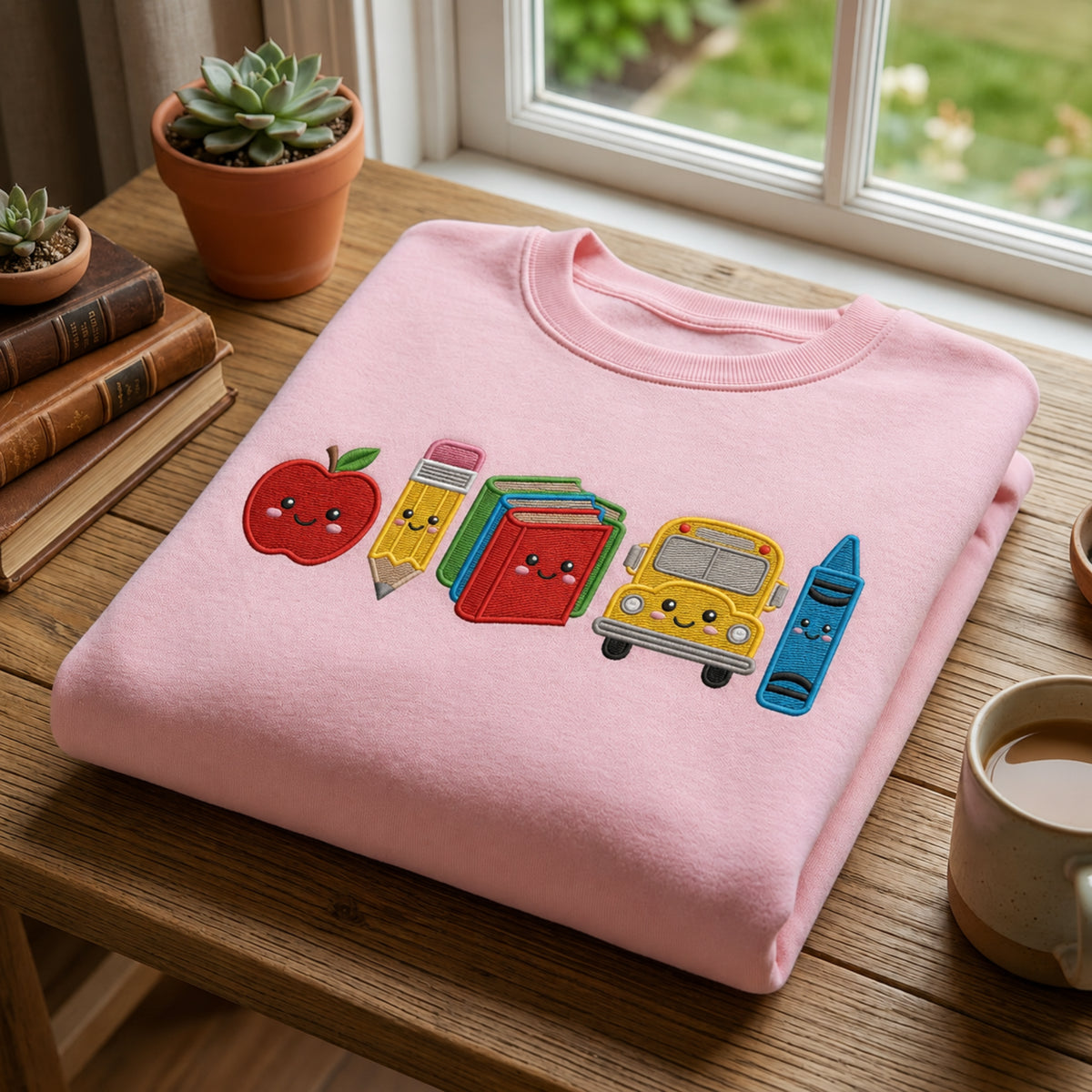 Kawaii Smiling Apple Pencil Books School Bus Crayon embroidered sweatshirt — front view