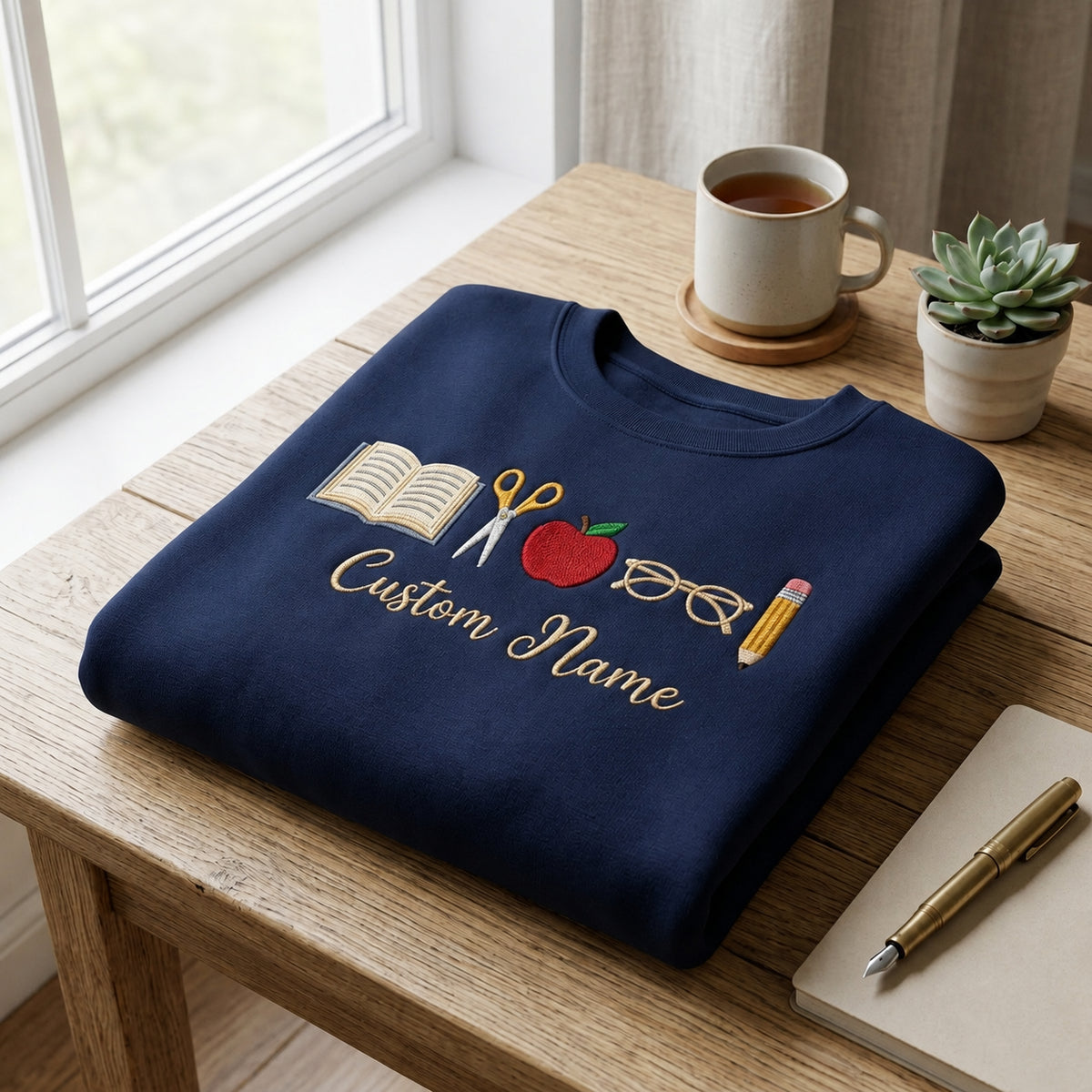 Personalized Teacher Name Open Book Scissors Apple Glasses Pencil embroidered sweatshirt — front view