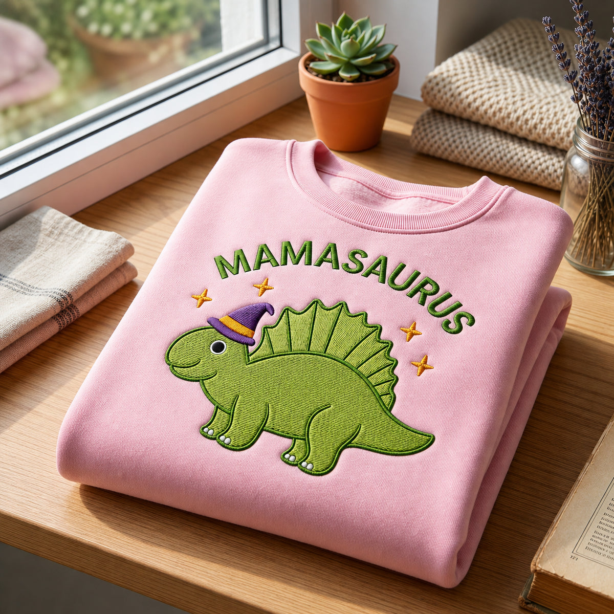 Mamasaurus Dinosaur Witch Hat Stars embroidered sweatshirt — front view