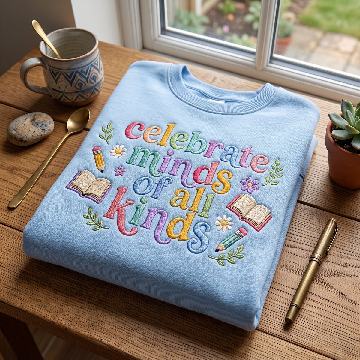 Celebrate Minds of All Kinds Books Pencils Wildflowers embroidered sweatshirt — front view
