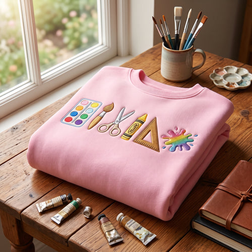 Art Teacher Palette Brush Scissors Crayon Paint Splat embroidered sweatshirt — front view