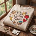 Personalized to School Teacher Name Backpack Supplies Stars embroidered sweatshirt — front view