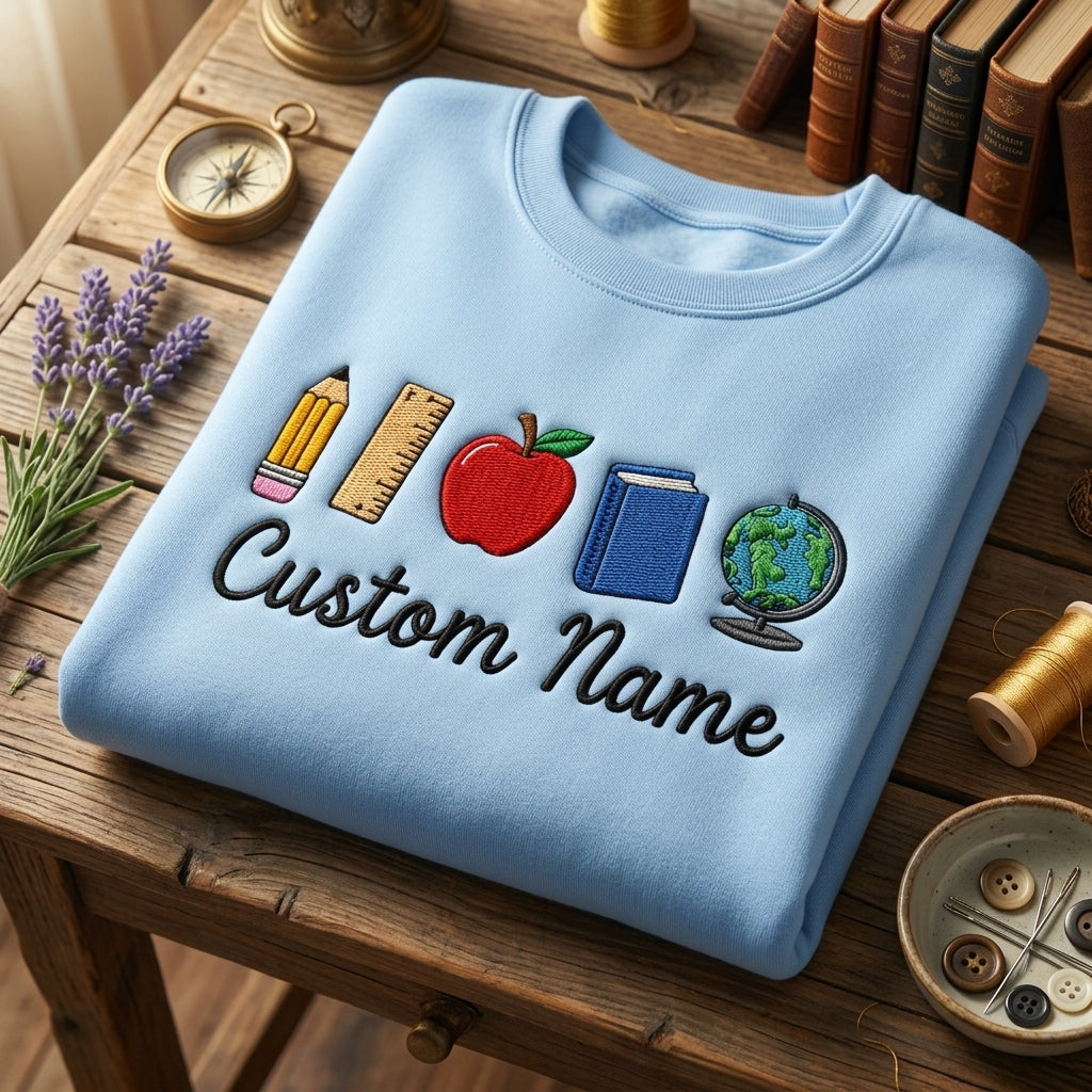 Personalized Social Studies Teacher Name Pencil Ruler Apple Book Globe embroidered sweatshirt — front view