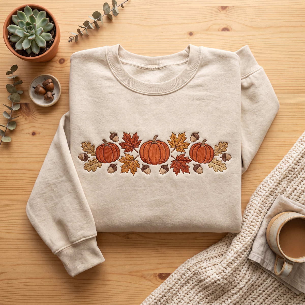Fall Pumpkin Maple Leaves Acorns embroidered sweatshirt — front view