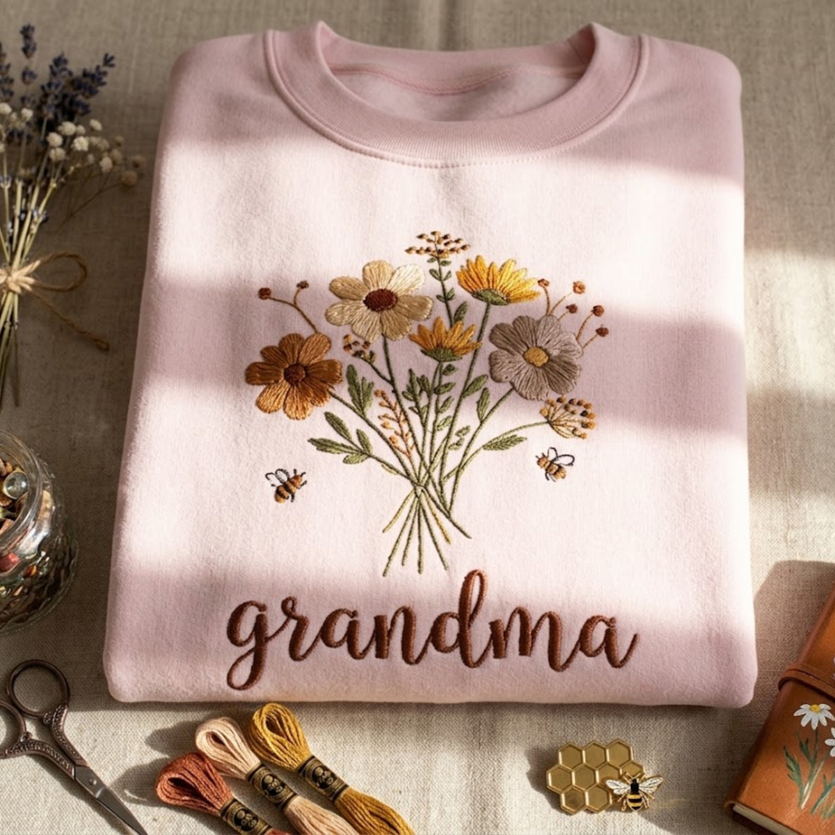 Grandma Wildflower Bouquet Honey Bees embroidered sweatshirt — front view