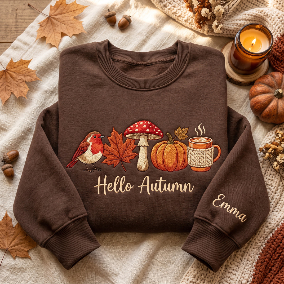 Hello Autumn Robin Maple Leaf Mushroom Pumpkin Latte embroidered sweatshirt — front view