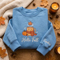 Hello Fall Smiling Mug in Scarf Pumpkin Acorn embroidered sweatshirt — front view