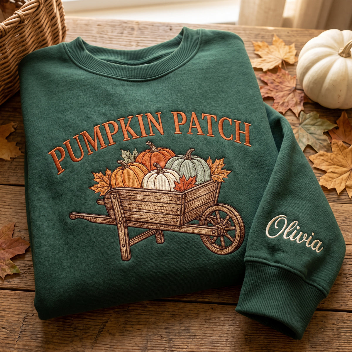 Pumpkin Patch Wooden Wheelbarrow Five Pumpkins embroidered sweatshirt — front view