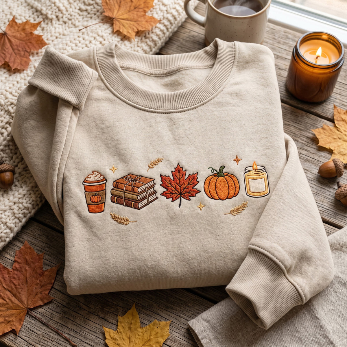 Fall Favorites Pumpkin Spice Latte Books Maple Leaf Pumpkin Candle embroidered sweatshirt — front view