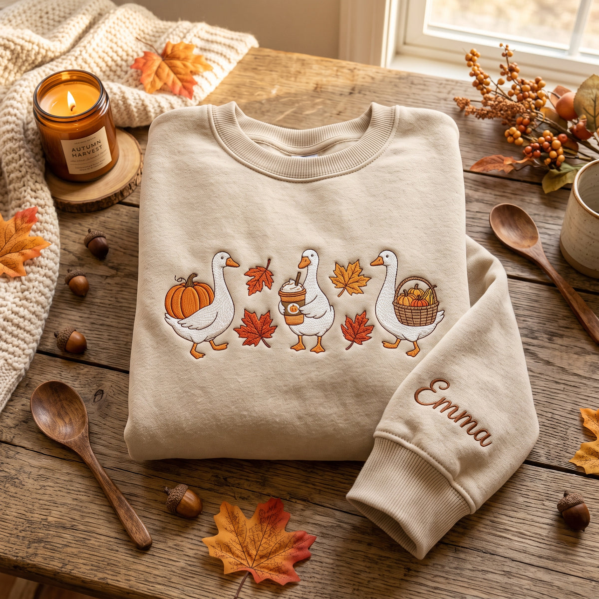 Personalized Fall Geese Pumpkin Basket Latte Maple Leaves embroidered sweatshirt — front view